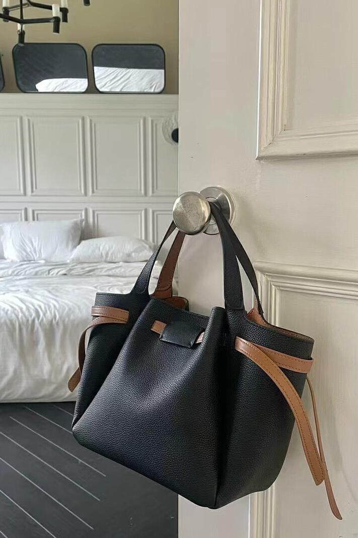 MBH Top Grain Leather Color Block Basket Tote Bag with Shoulder Strap Large Capacity Commuter Handbag - Image 5