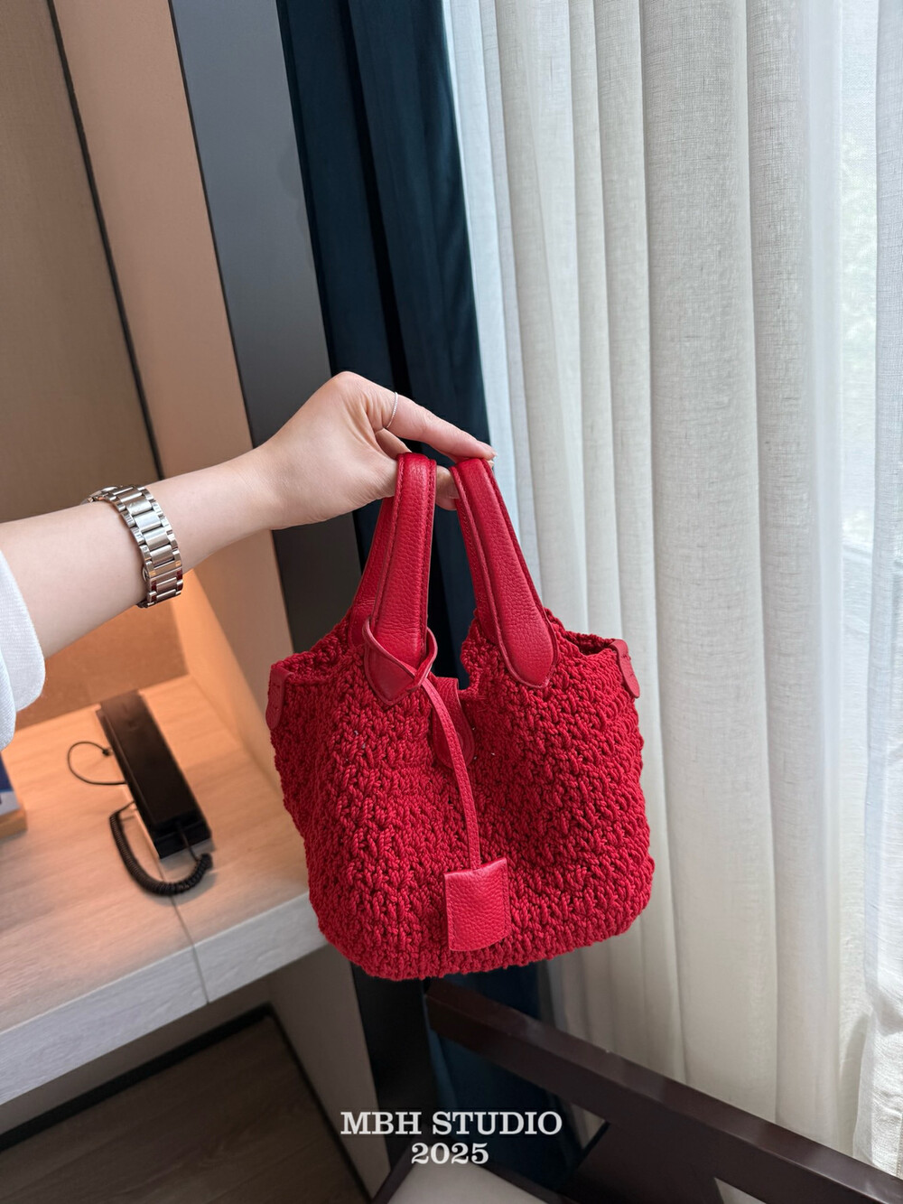 Handwoven Knit Basket Bucket Bag Top Layer Cowhide Tote with Charm and Storage Bag - Image 3