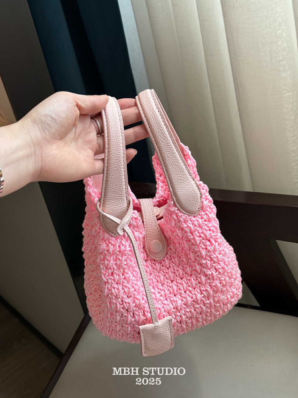 Handwoven Knit Basket Bucket Bag Top Layer Cowhide Tote with Charm and Storage Bag - Image 2