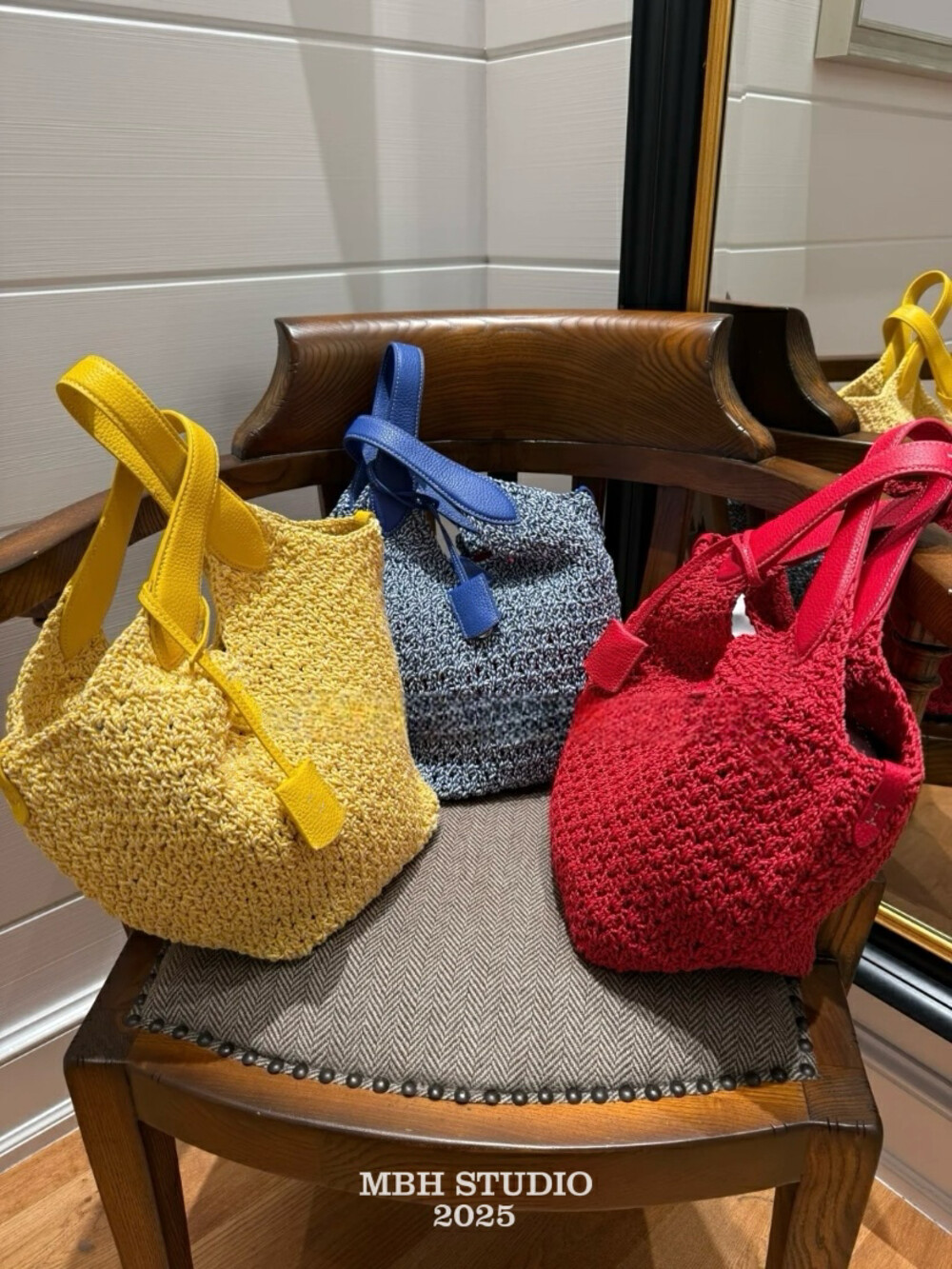 Handwoven Knit Basket Bucket Bag Top Layer Cowhide Tote with Charm and Storage Bag